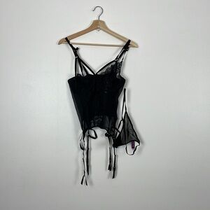 Adore Me Corset women black strappy sheer lace with G-string hook back closure